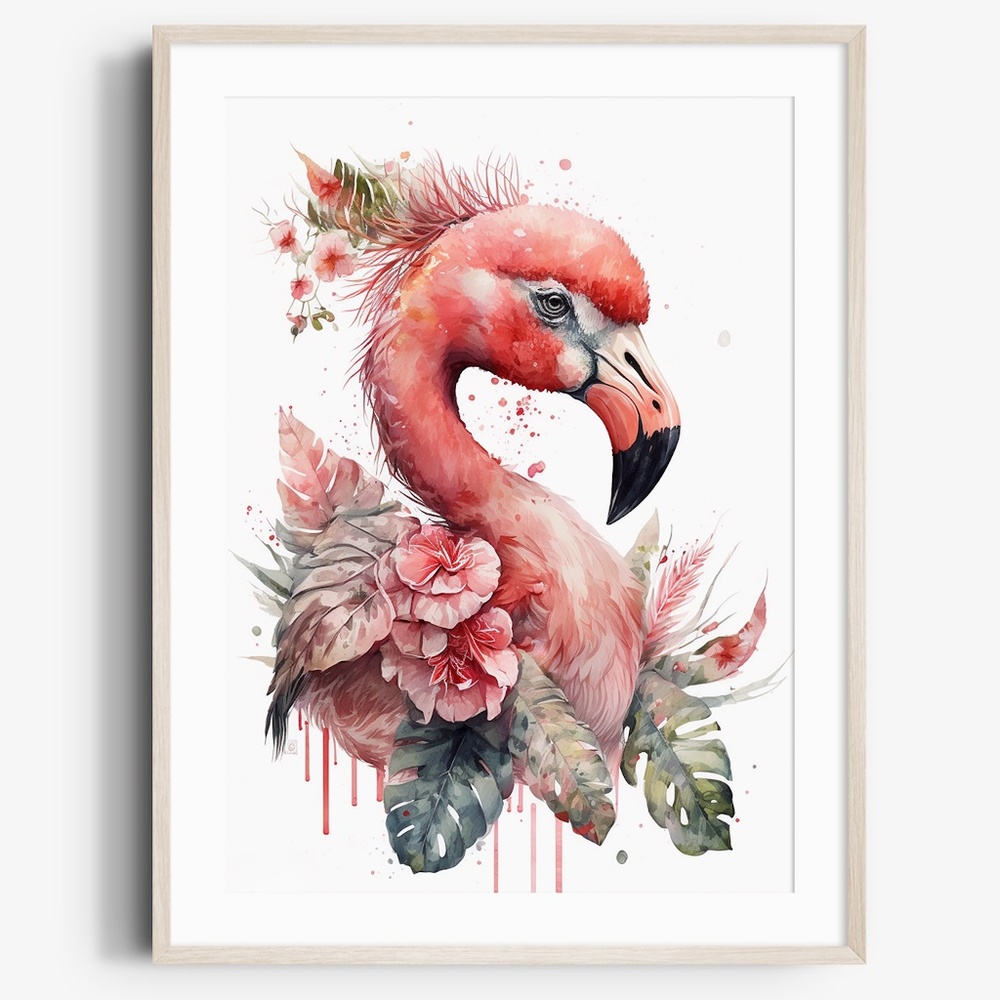 Watercolor Floral Flamingo Portrait Wall Art Illustration Print Poster Unframed - Picture 1 of 6